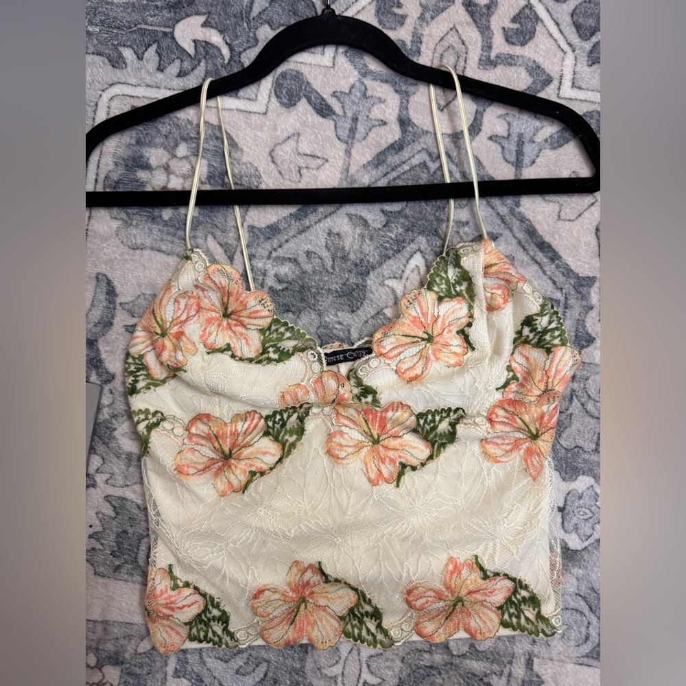 Cami Tank Bralette Soft Cotton Lined Lace with Cream with Floral Pattern